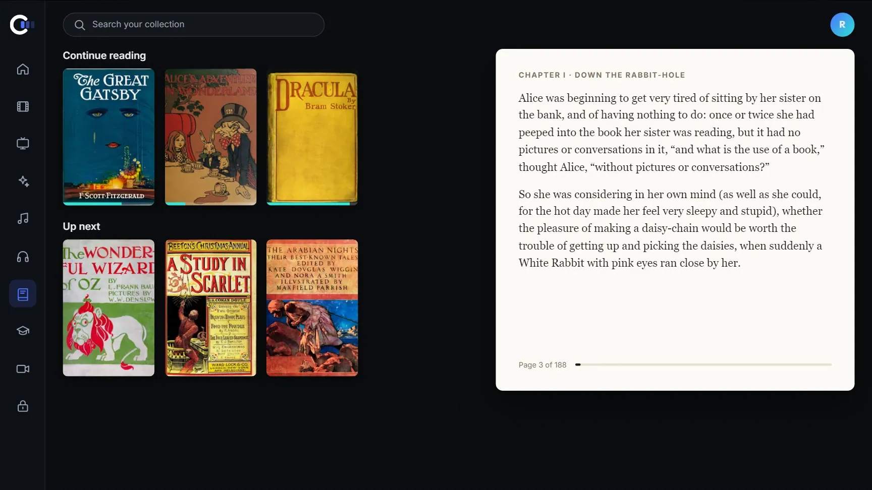 Books and audiobooks in Collectoh, with a book open in the reader