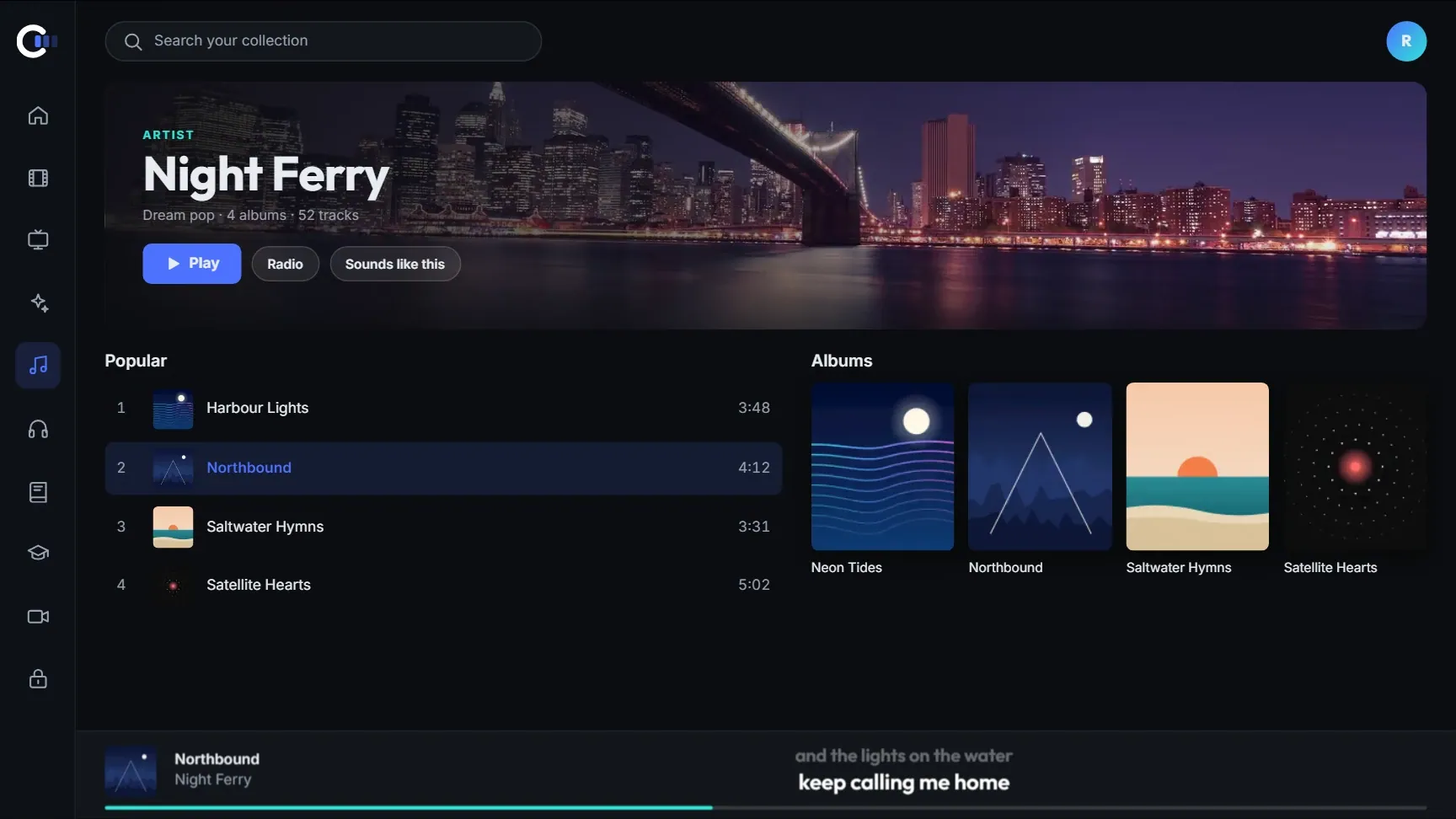 An artist's page in Collectoh, with popular tracks, albums and the song playing now